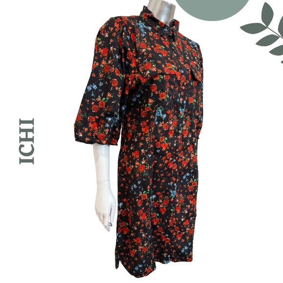 ICHI IHKalo Floral Puff Sleeve Shirt Dress - Black Red Orange Size 38 (US 6 ) - Picture 3 of 6